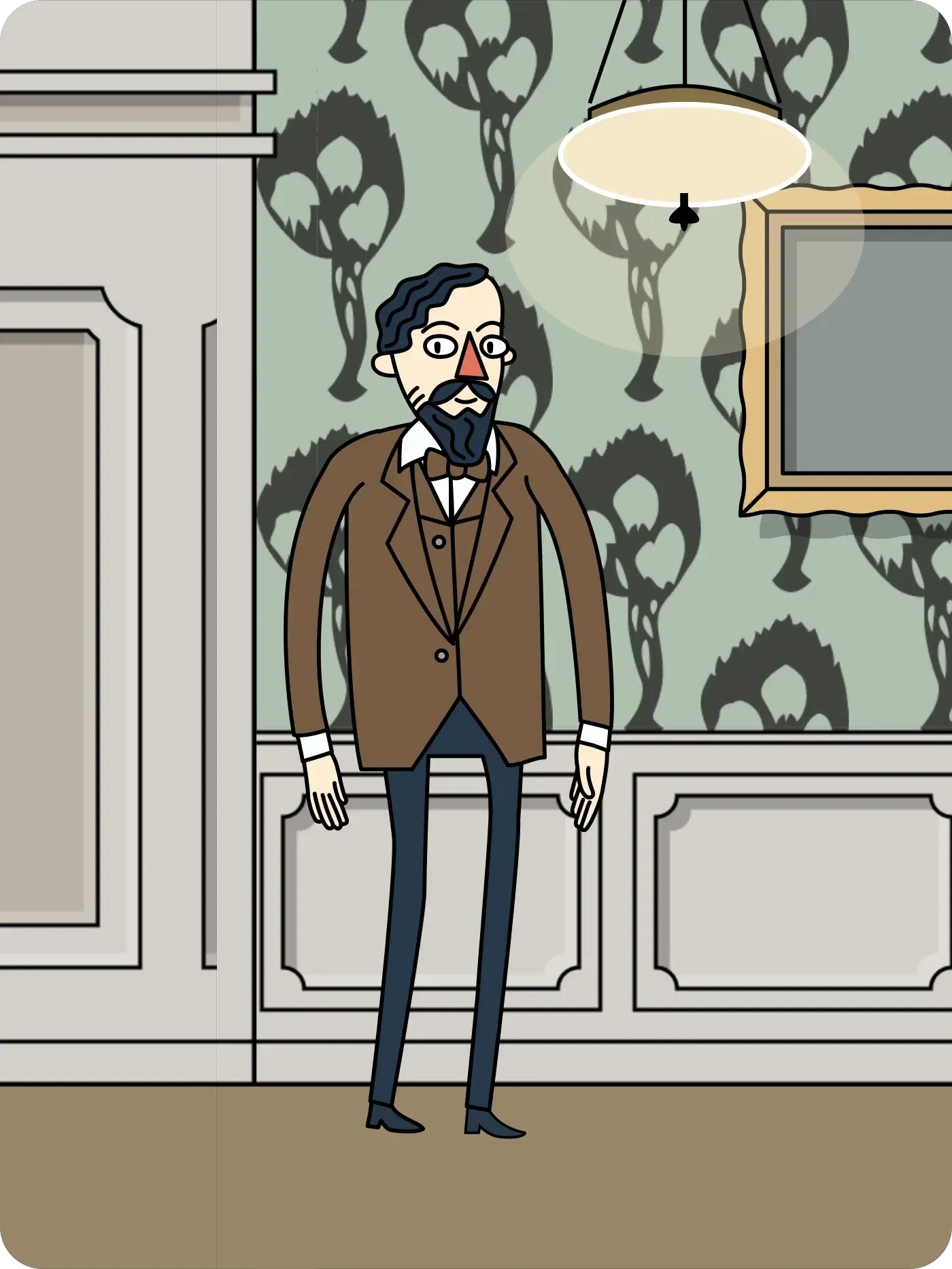 Debussy in a panelled room with patterned wallpaper