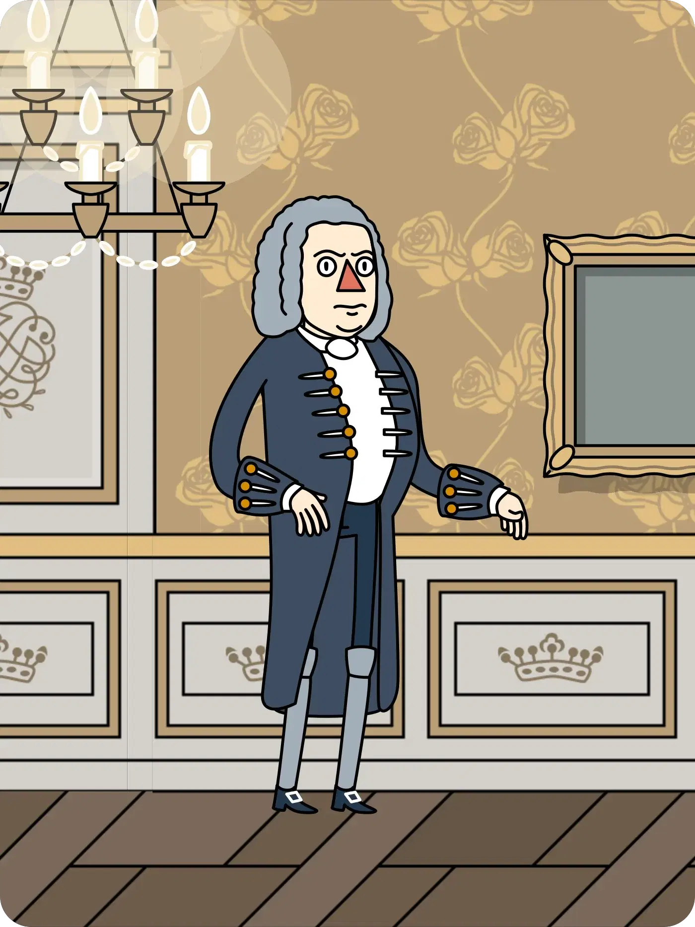 Bach in wig and frock coat, in a gilded panelled salon