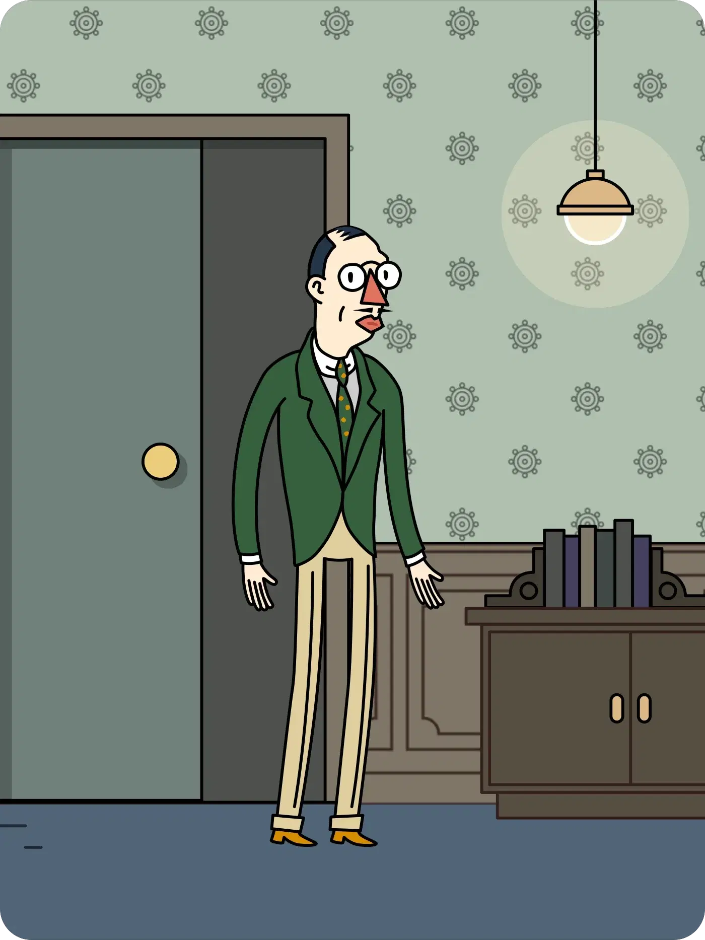 Stravinsky in a green jacket beside a panelled door