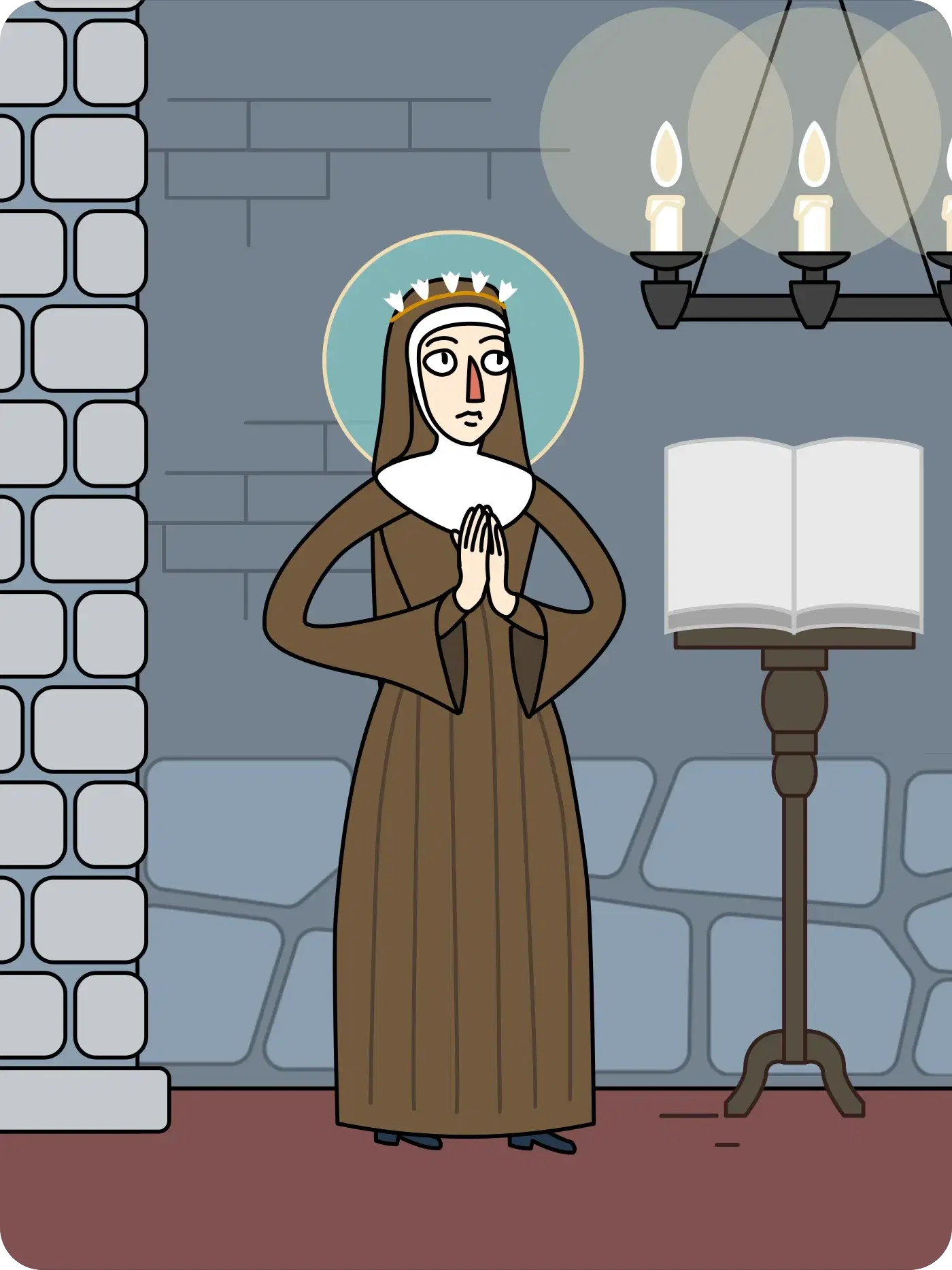 Hildegard von Bingen, haloed, in a stone room with an open book