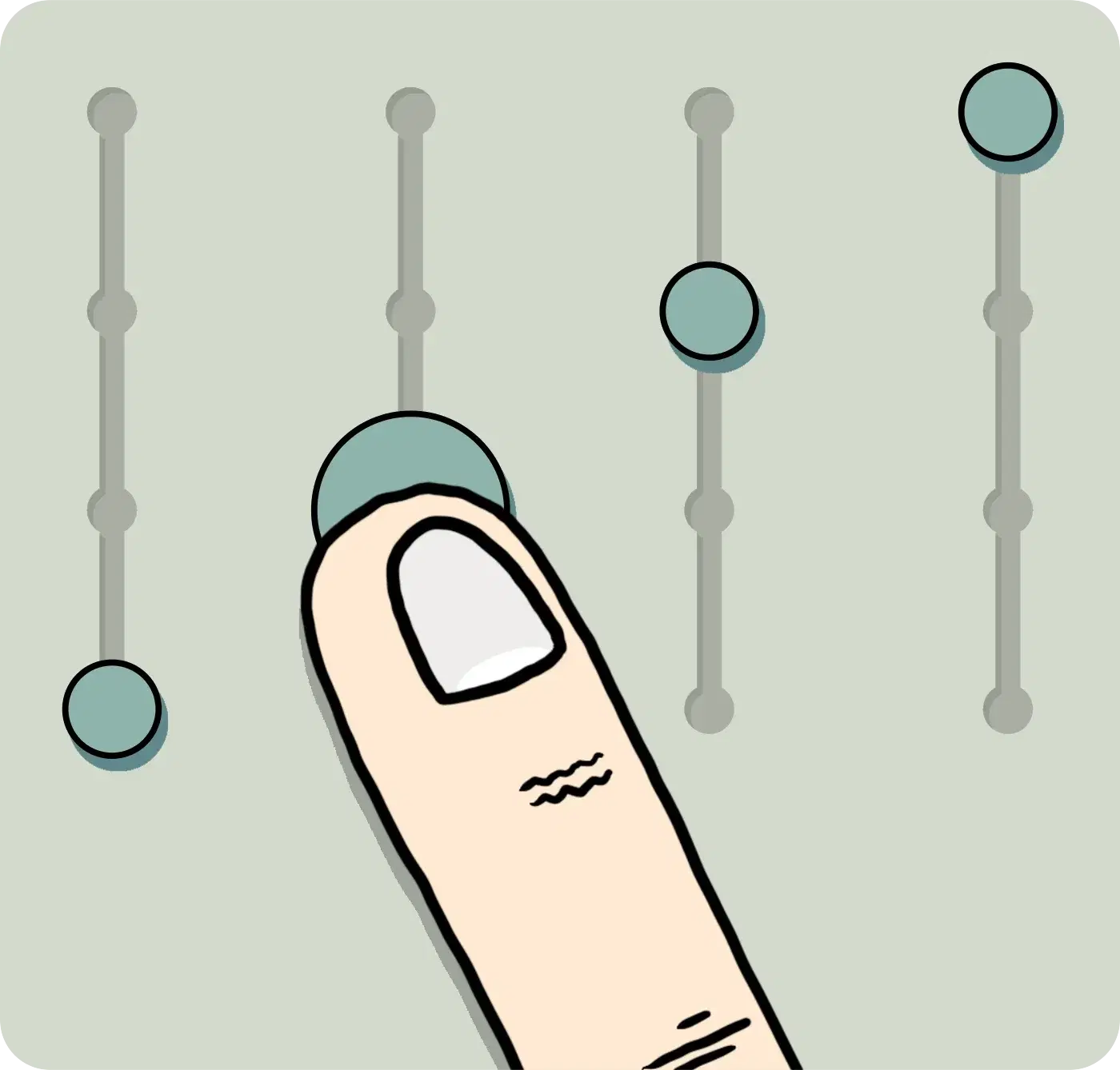 Four vertical sliders, one being dragged by a fingertip
