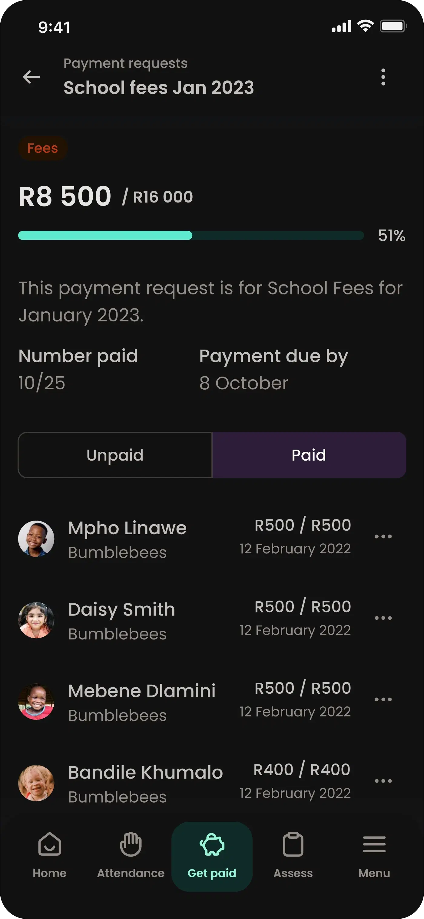 Payment request screen — School fees Jan 2023, R8 500 of R16 000