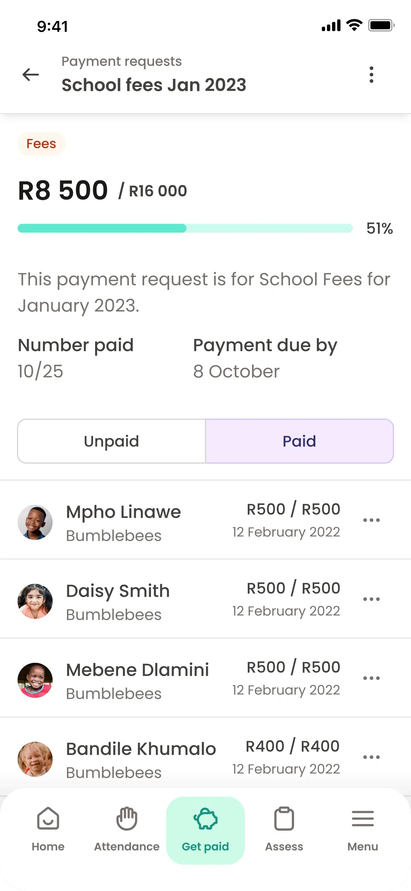 Payment request screen — School fees Jan 2023, R8 500 of R16 000