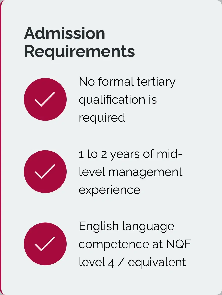 An admission requirements panel with three ticked items: no formal tertiary qualification, one to two years of mid-level management experience, and English language competence.