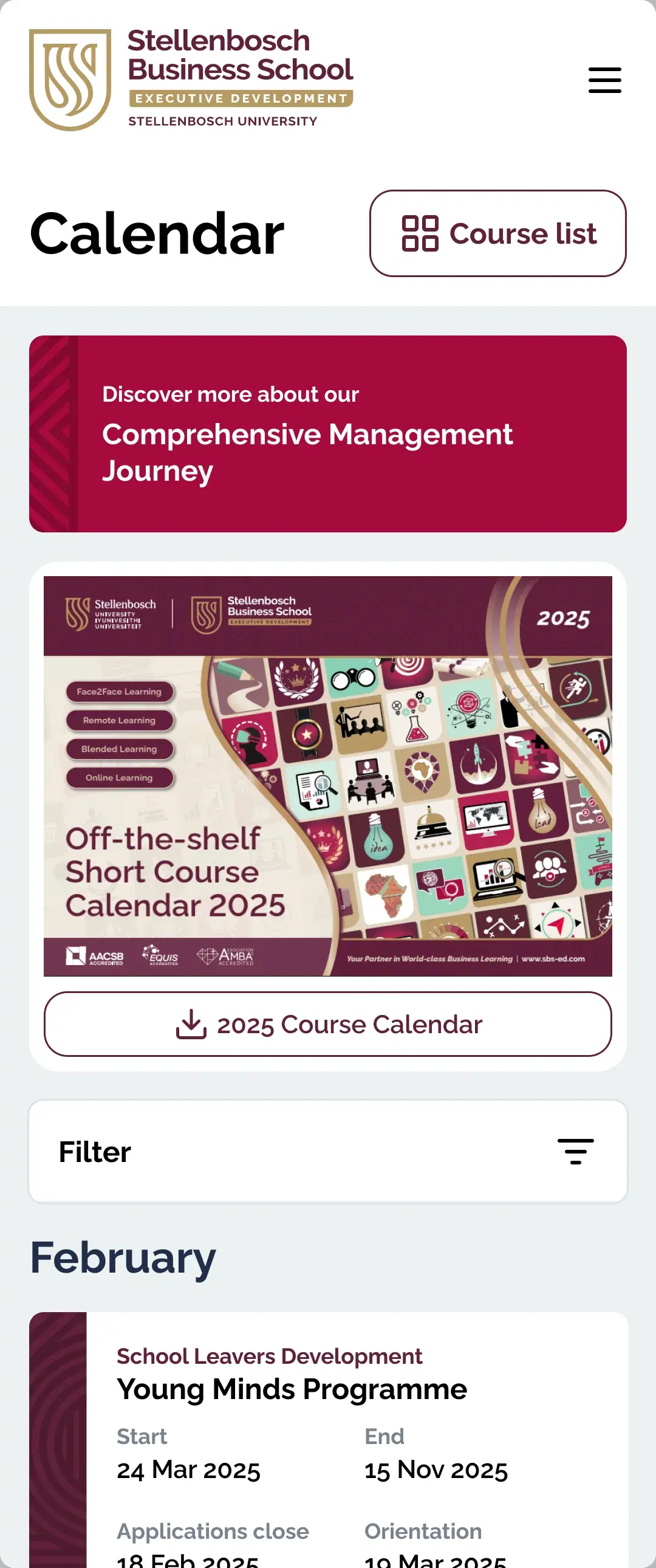 The course calendar on a phone: a Course list button, a promotional banner, a filter control and course entries grouped under a month.