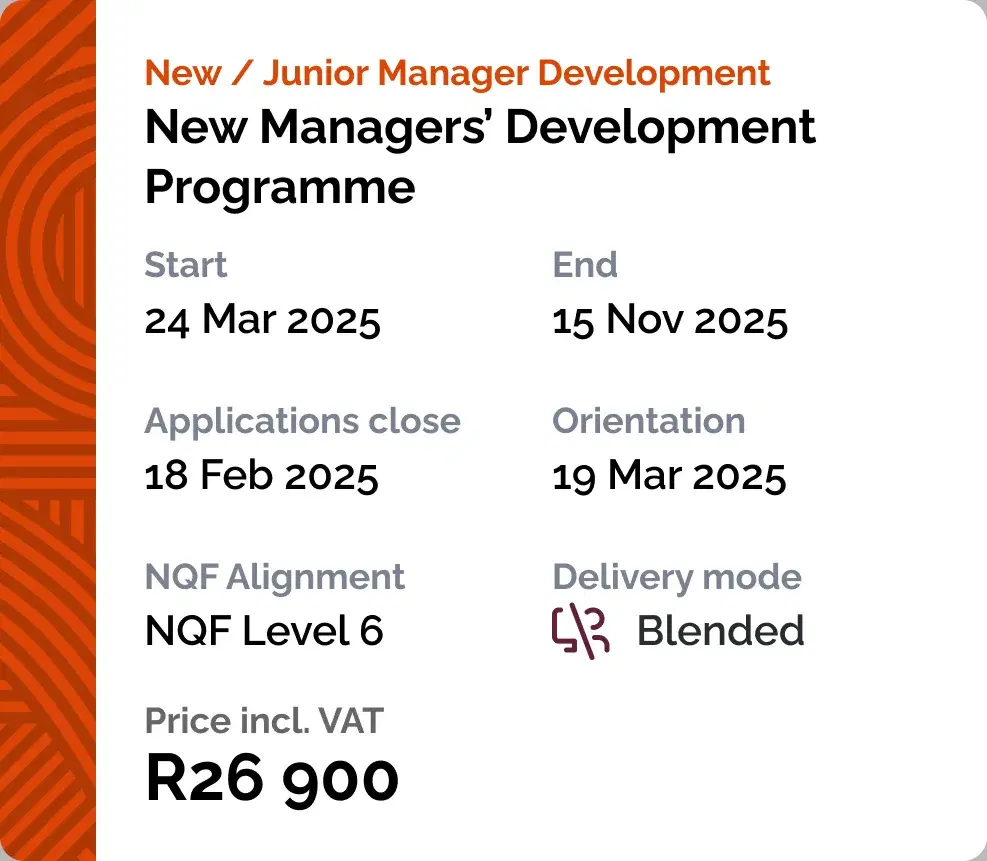 A calendar entry for the New Managers' Development Programme on a phone, with start and end dates, applications close, orientation, NQF level, delivery mode and price.