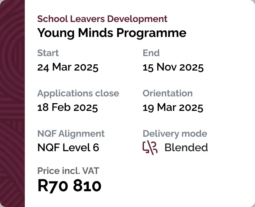 A calendar entry for the Young Minds Programme on a phone, with start and end dates, applications close, orientation, NQF level, delivery mode and price.