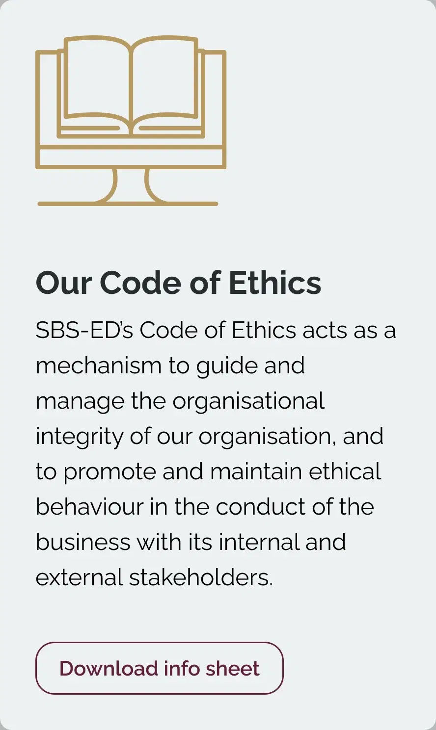 An information panel titled Our Code of Ethics, with a short description and a Download info sheet button.