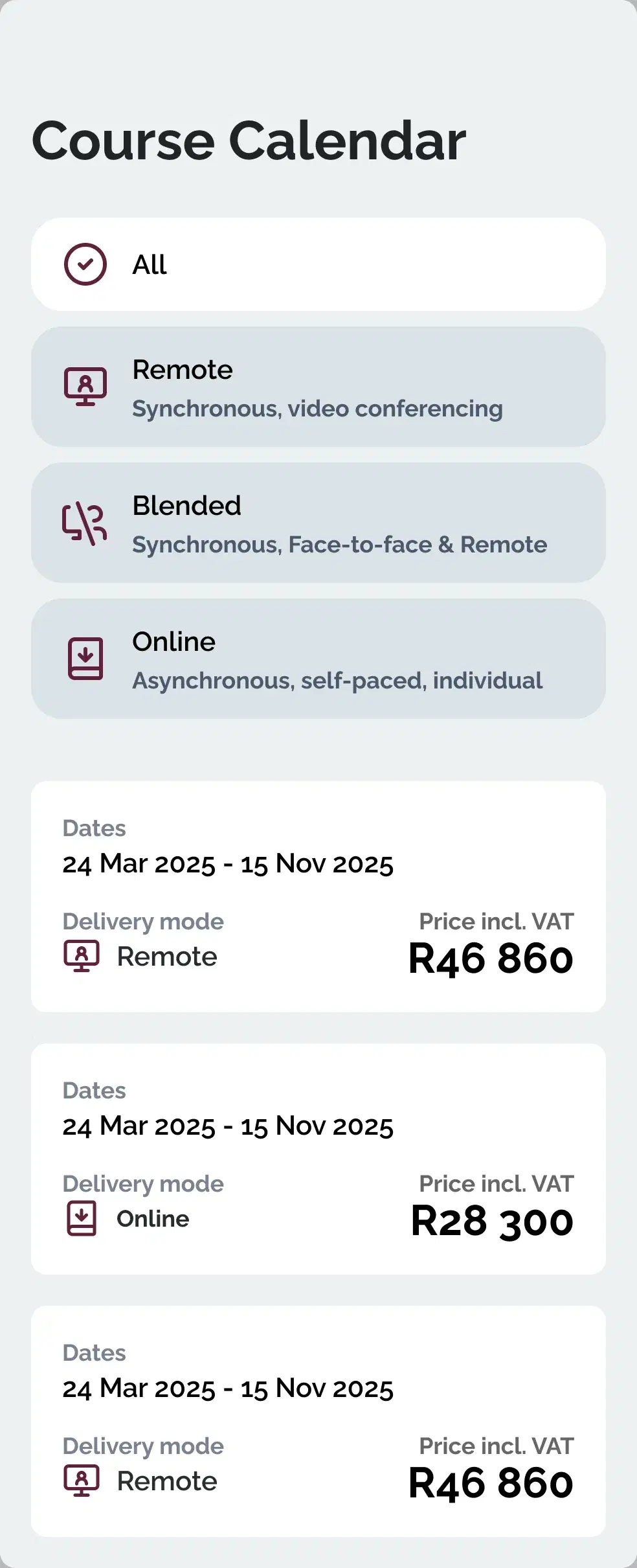The calendar embedded on a course page: delivery-mode tabs above a list of intakes, each with its dates, delivery mode and price.