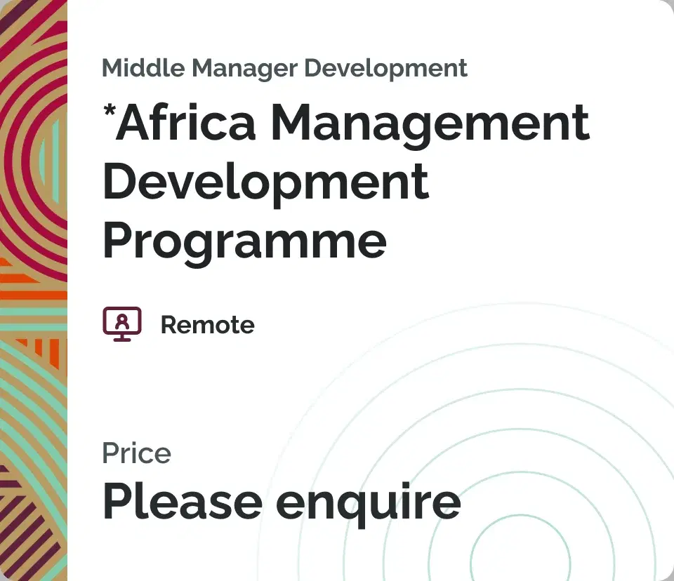 Course card for the Africa Management Development Programme, with a patterned spine and Please enquire in place of a price.