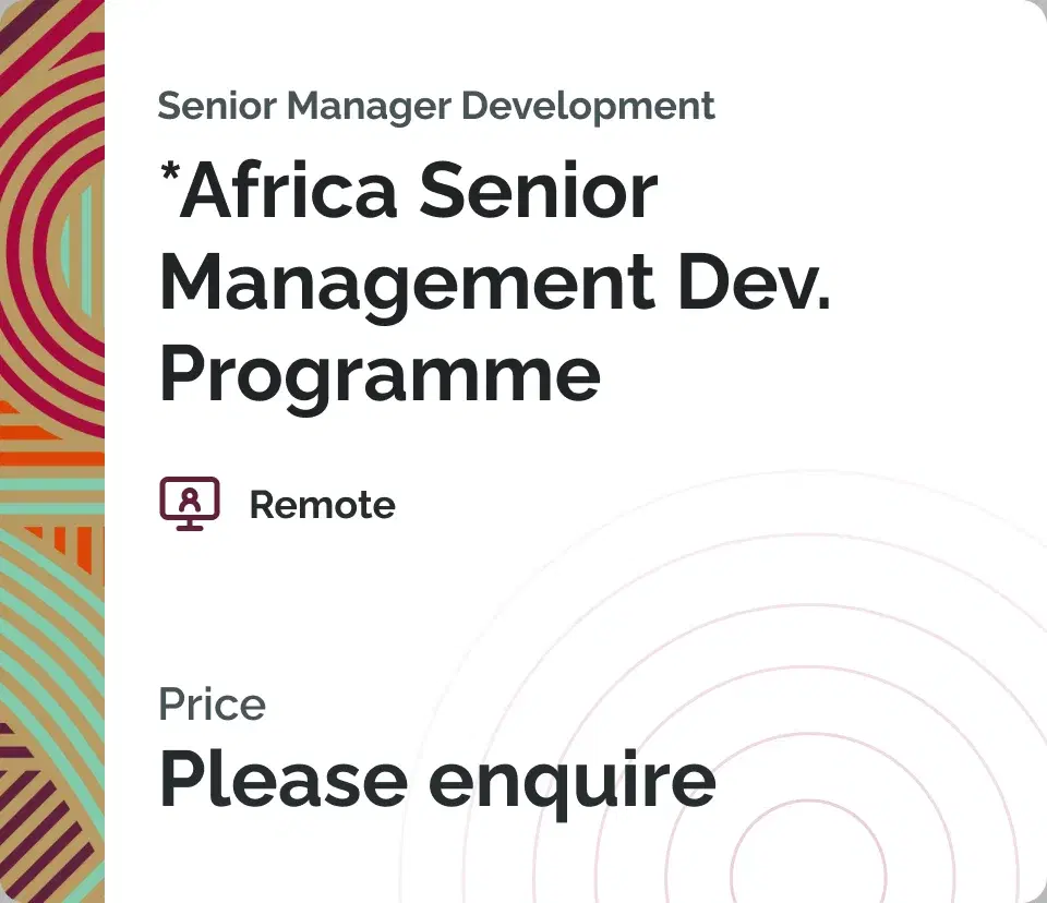 Course card for the Africa Senior Management Development Programme, with a patterned spine and Please enquire in place of a price.