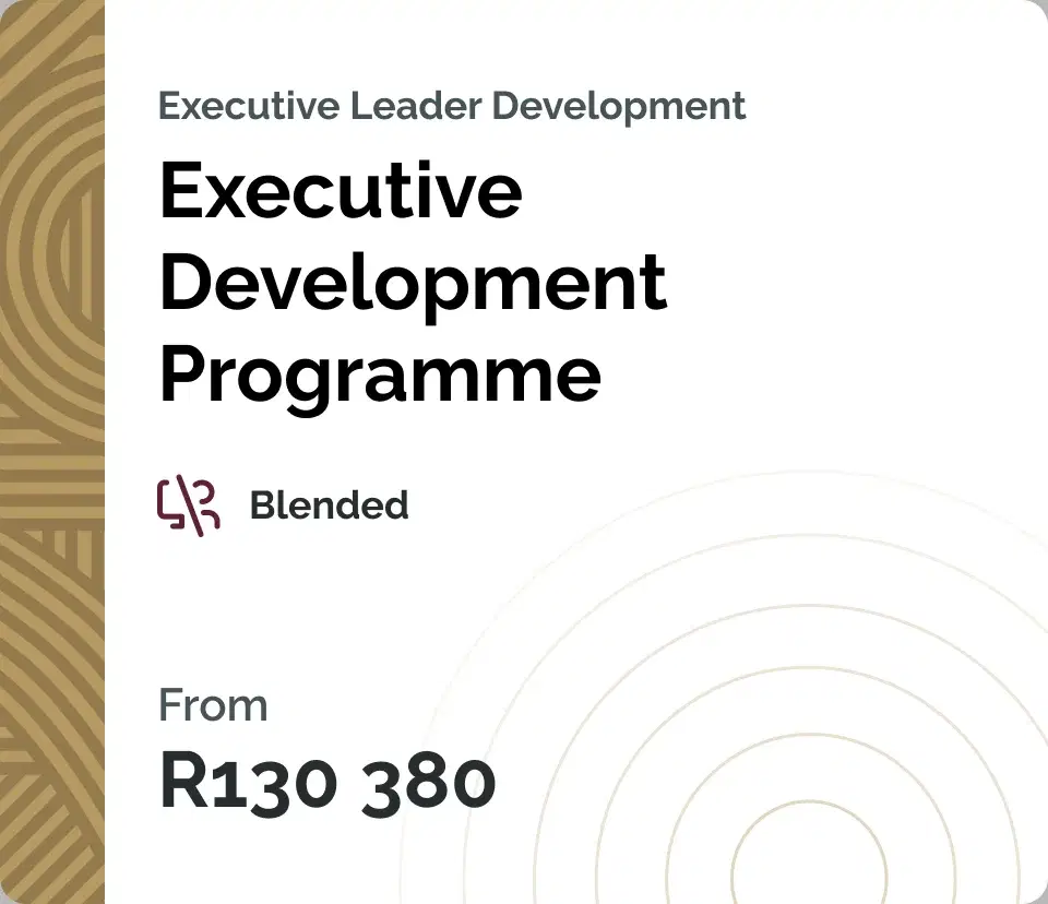 Course card for the Executive Development Programme, with a gold patterned spine, the blended delivery icon and a starting price.