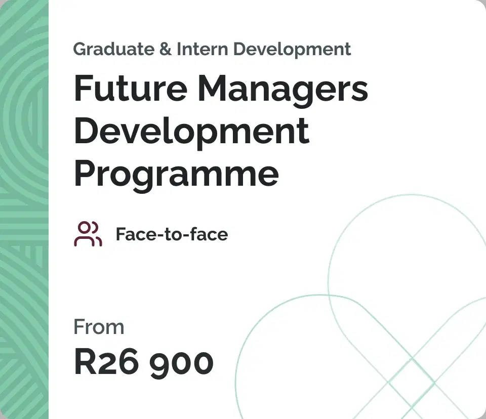 Course card for the Future Managers Development Programme, with a green patterned spine, a face-to-face icon and a starting price.