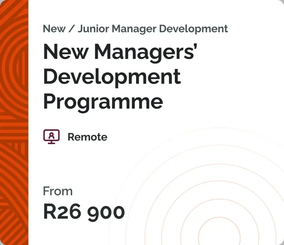 Course card for the New Managers' Development Programme: an orange patterned spine, the remote delivery icon and a starting price.