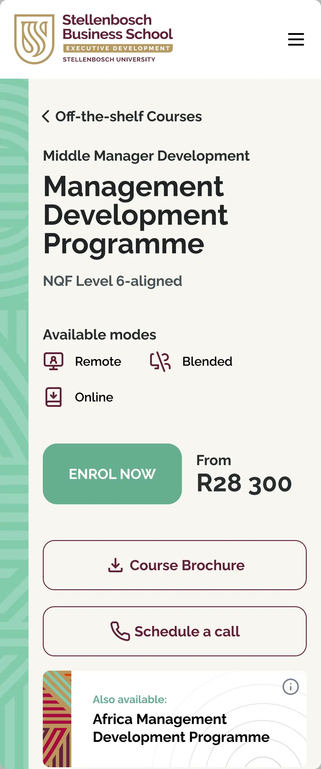 A course page on a phone: the Management Development Programme with its available delivery modes, an Enrol now button, and brochure and call actions.