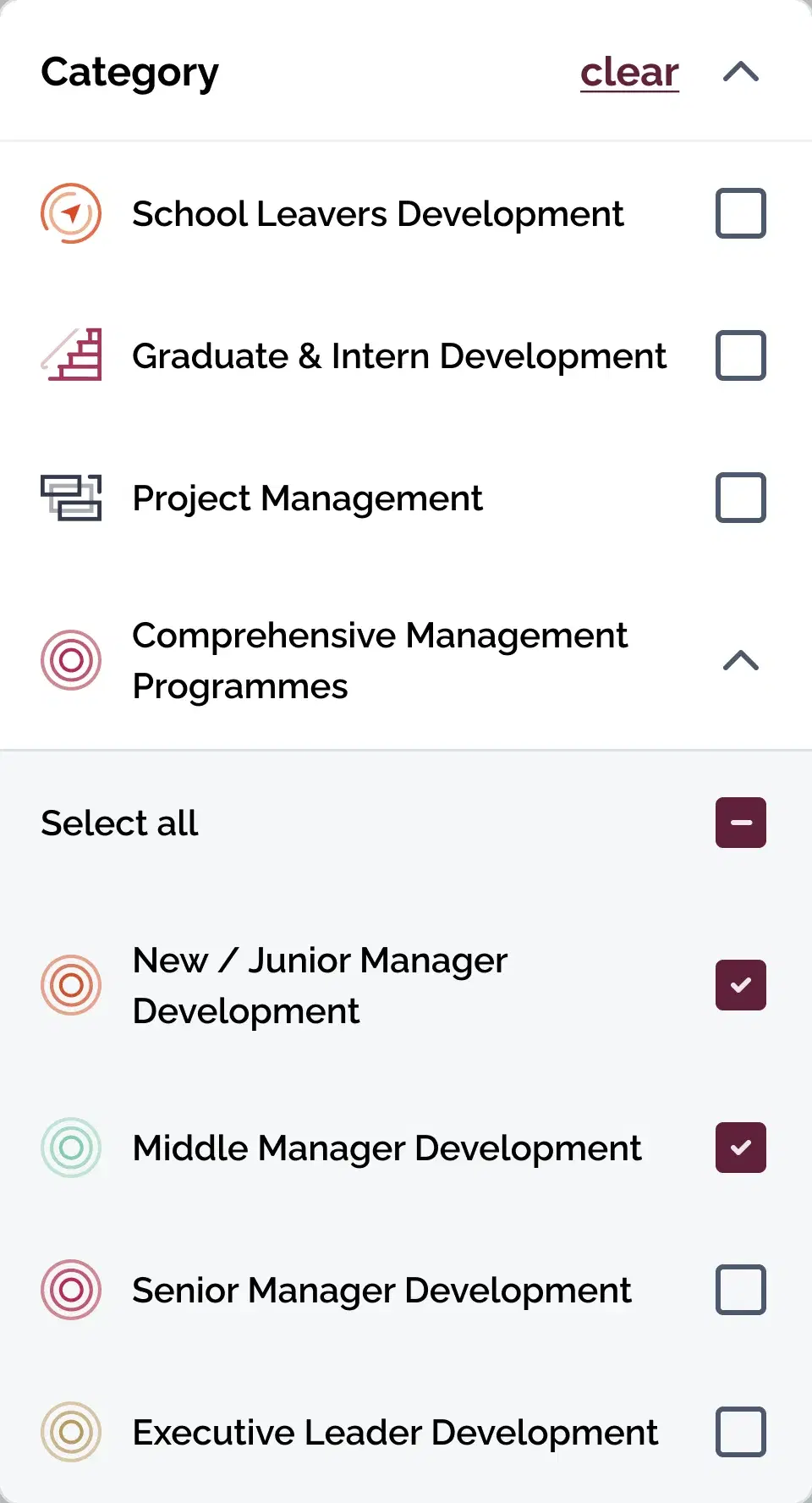 The category filter with the comprehensive management group opened, listing the new, middle, senior and executive leader programmes under a select all control.