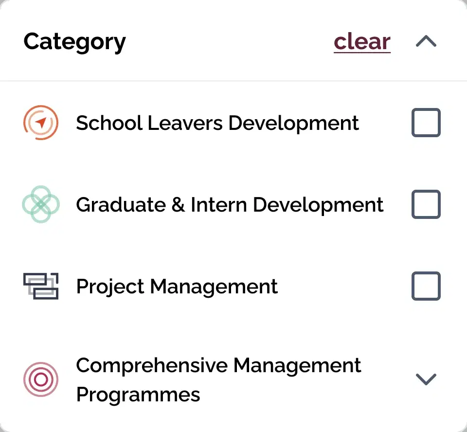 Course list filter by category, listing School Leavers Development, Graduate and Intern Development, Project Management and Comprehensive Management Programmes, each with a checkbox.