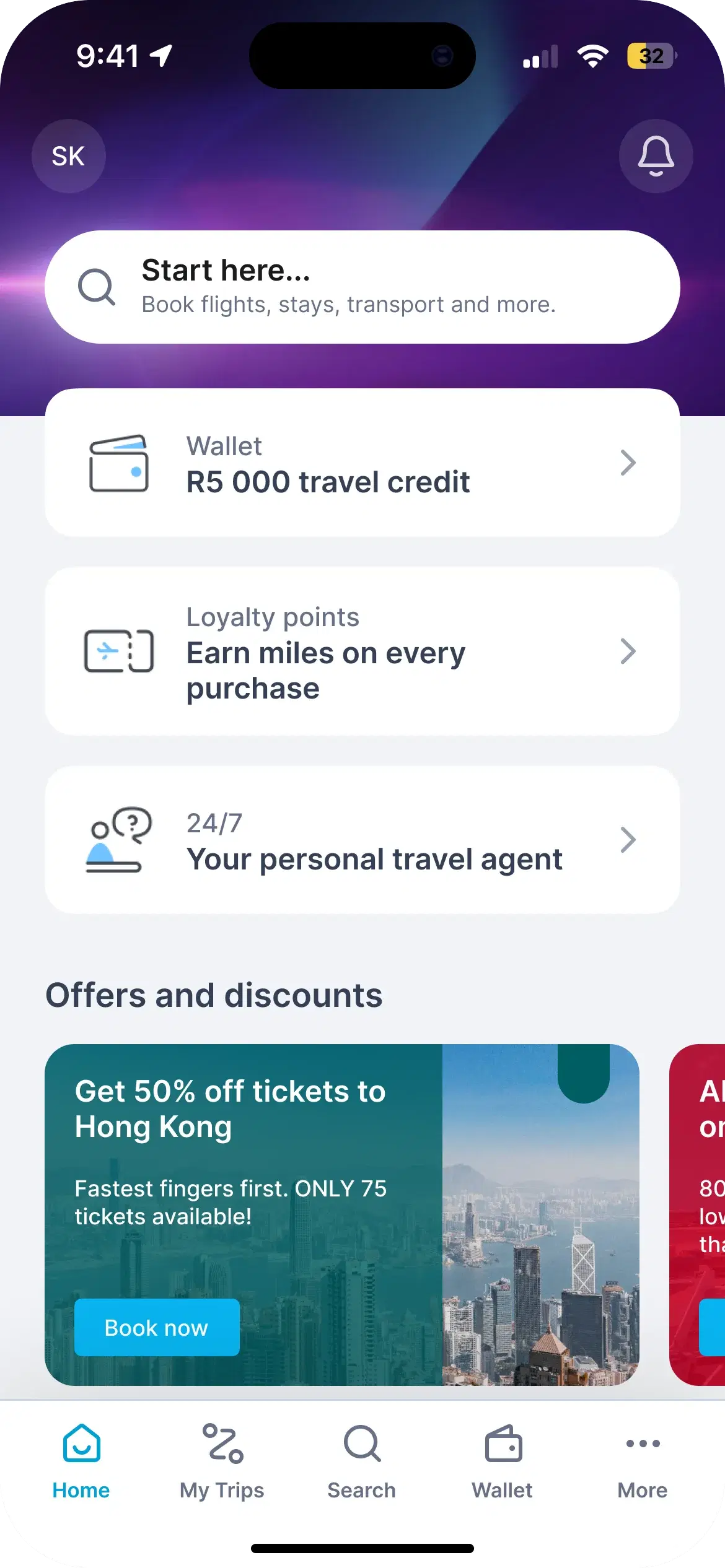 The Travelstart app home screen on a phone: a search field reading Start here, then cards for a wallet holding R5 000 travel credit, loyalty points and a 24/7 personal travel agent, above an Offers and discounts carousel and the tab bar.