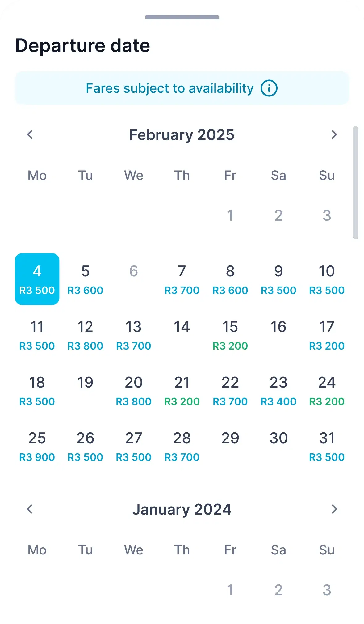 A Departure date bottom sheet. A notice reads Fares subject to availability, above a scrolling calendar with a fare under each date, the lowest in green.