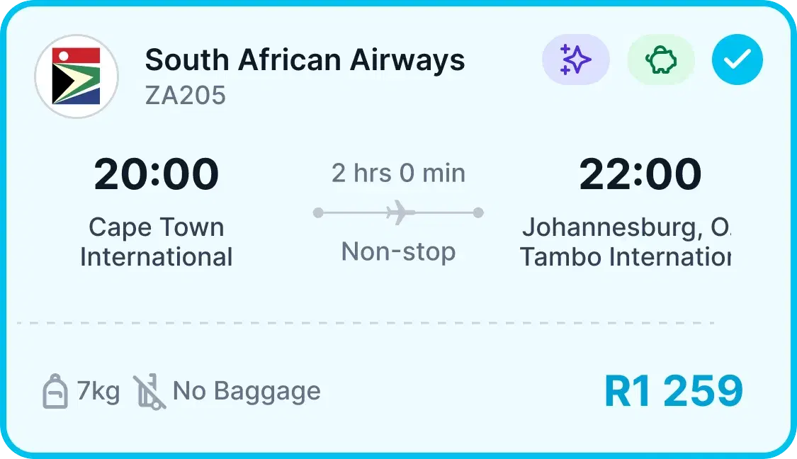 A selected flight result card, outlined in blue with a tick: South African Airways ZA205, Cape Town International at 20:00 to Johannesburg O.R. Tambo International at 22:00, non-stop, R1 259.