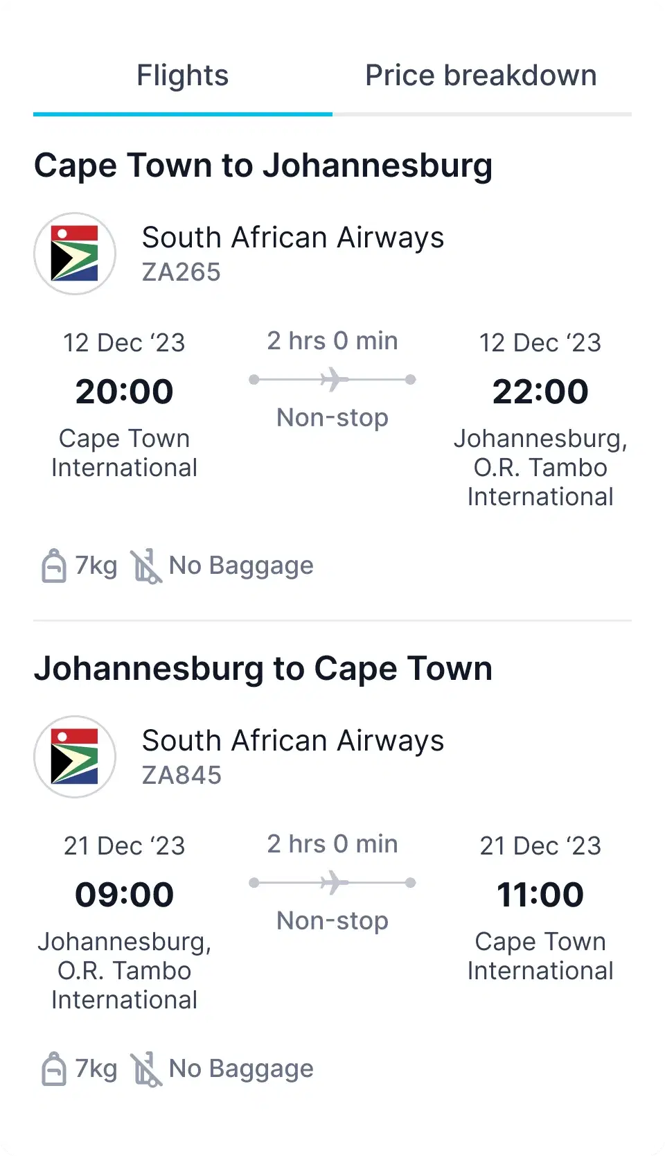 The Flights tab of a flight details panel, listing both legs of a return trip: Cape Town to Johannesburg and Johannesburg to Cape Town on South African Airways, each with its dates, times, airports, duration and baggage allowance.