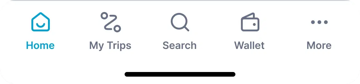 The app tab bar with Home, My Trips, Search, Wallet and More, and Home selected.
