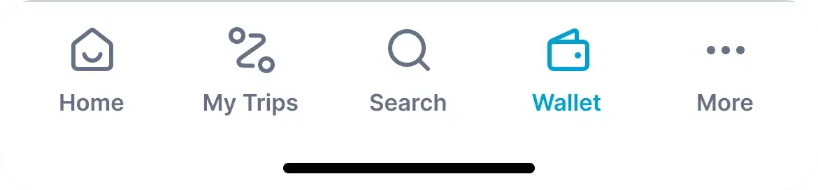 The app tab bar with Home, My Trips, Search, Wallet and More, and Wallet selected.