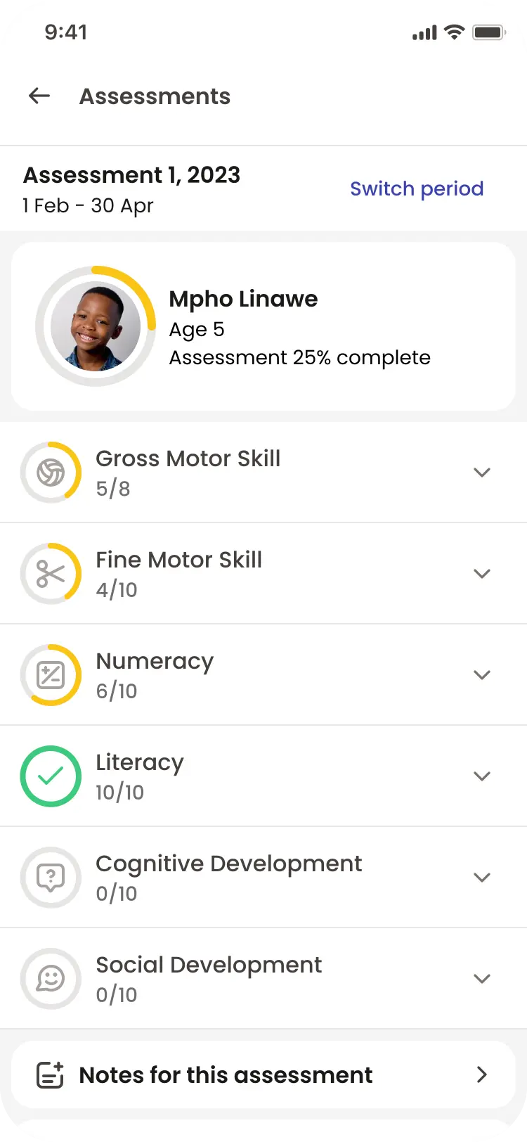 Oystar assessment screen — Mpho Linawe's development categories