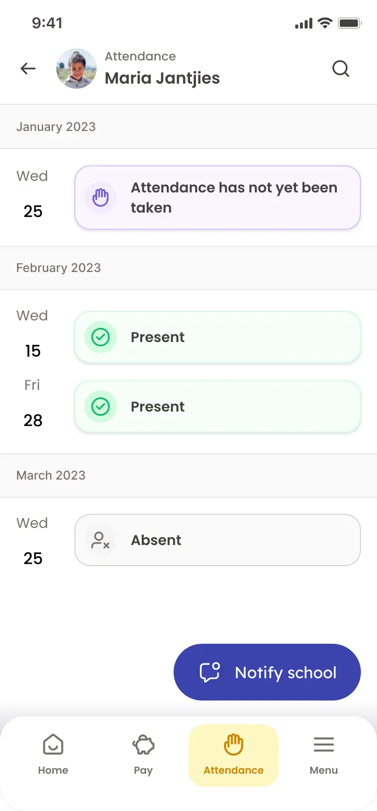 Oystar parent attendance screen