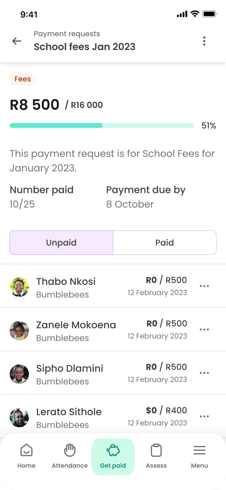 Oystar payment request — School fees Jan 2023, R8 500 of R16 000 collected
